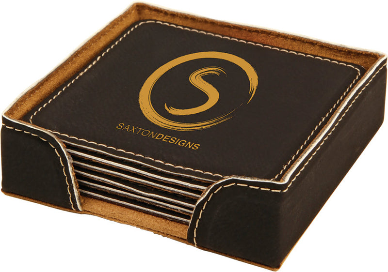Personalized Coaster Set of 6 Leather includes Holder Engraved Free Black