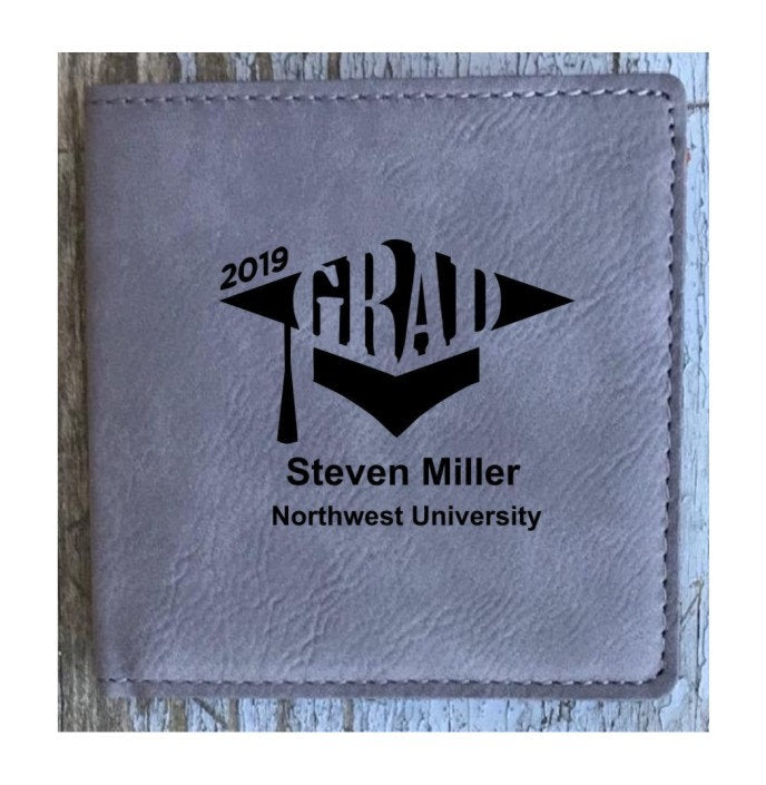 Bi-fold Wallet Personalized, Graduation Gift Engraved Gray Leatherette