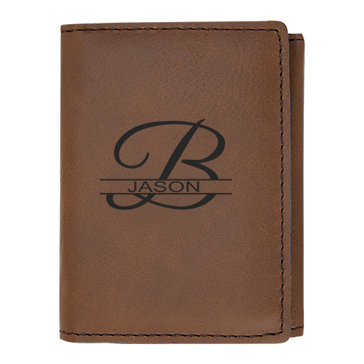 Personalized Tri-fold Wallet Dark Brown Engraved Groomsman Best Man Gift