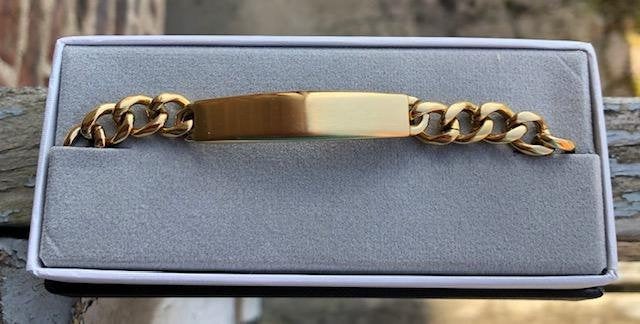 ID Bracelet Mens - Custom Hand Engraved Free - Mens Brushed Gold Plated Mens Personalized ID Bracelet Fathers Day Gift
