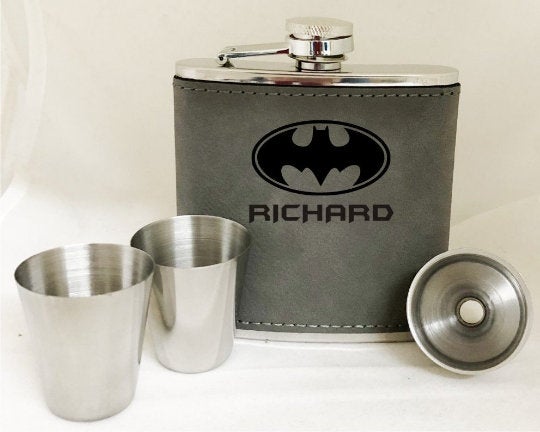 Bat Flask Set, Personalized Super Hero Collectible, Gift For Him, Personalized Flask Set