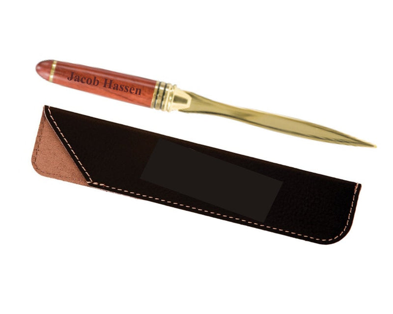 Deluxe Personalized Letter Opener, Engraved Wood and Brass Letter Opener, Personalized Leather Sleeve,