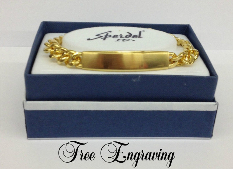 ID Bracelet Mens - Custom Hand Engraved Free - Mens Brushed Gold Plated Mens Personalized ID Bracelet Fathers Day Gift