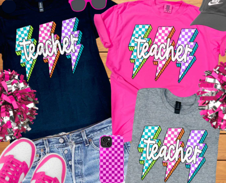 Retro Checkered Lightning Bolt Teacher T