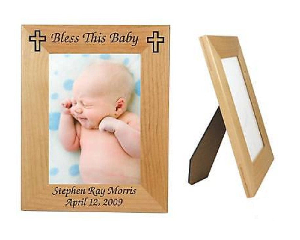 Personalized Baby Photo Frame With Cross, Holds 5" x 7" Photo, Engraved Free Wood Frame