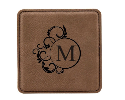 Personalized Coaster Set of 6 Leather includes Holder Engraved Free