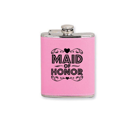 Personalized Pink Flask Leatherette Maid of Honor Bridesmaid Womans Engraved