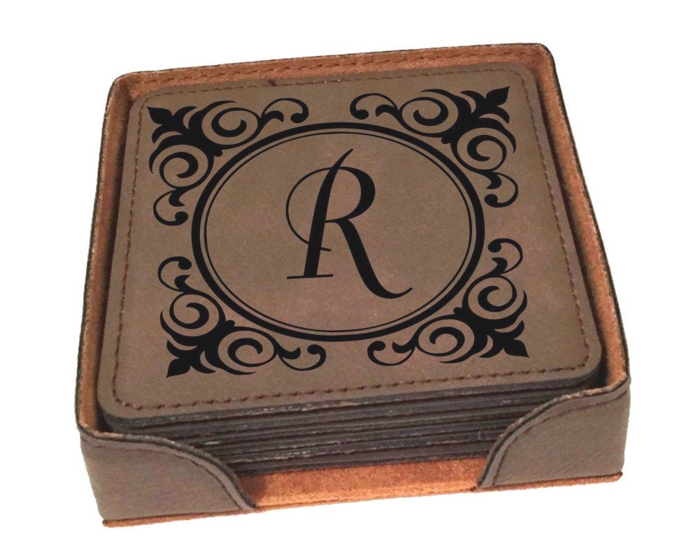 Personalized Coaster Set of 6 Leather includes Holder Engraved Free