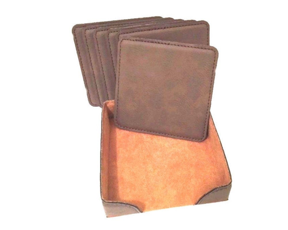 Personalized Coaster Set of 6 Leather includes Holder Engraved Free