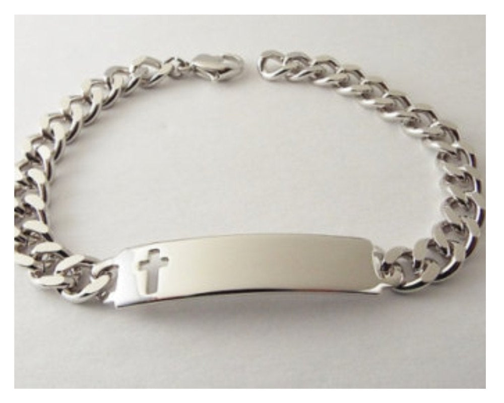 Mens ID Bracelet Cross Cutout - Personalized Speidel Silver Custom Hand Engraved Free