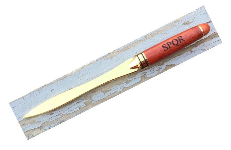 Deluxe Personalized Letter Opener, Engraved Wood and Brass Letter Opener, Personalized Leather Sleeve,