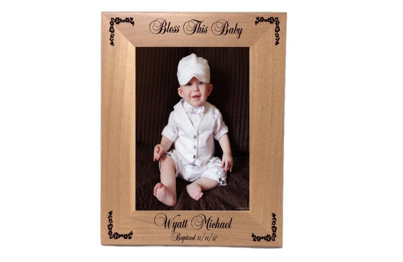 Personalized Baby Photo Frame, Holds 5" x 7" Photo, Bless This Baby Wood Frame, Engraved Free