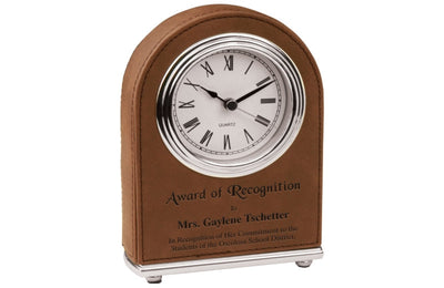 Personalized Desk Clock Brown Leather Silver Trim Accents Custom Engraved