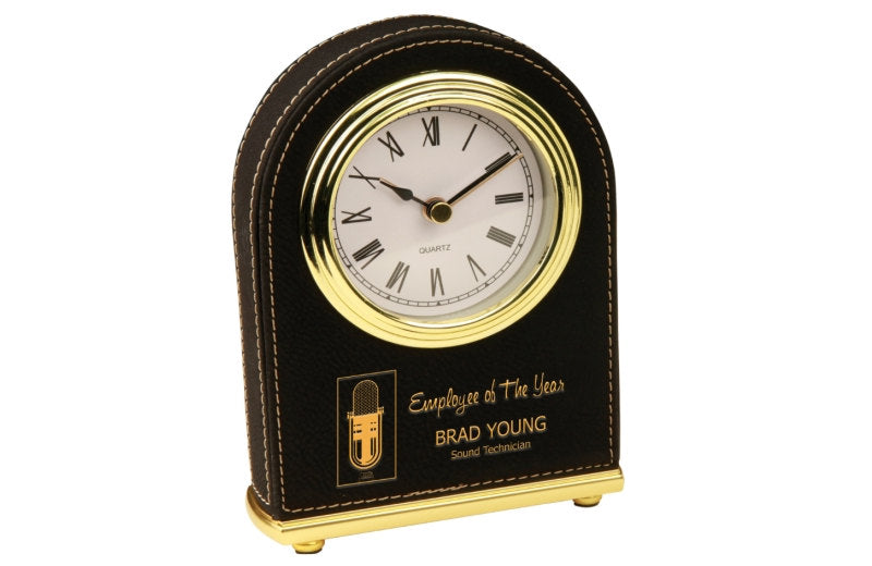 Personalized Desk Clock Black Soft Leather Gold Trim Accents Custom Engraved