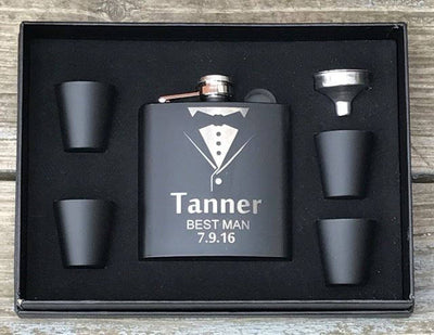 2 ea.Personalized Flask Gift Set Groomsman Best Man Engraved Wedding Engraved Black