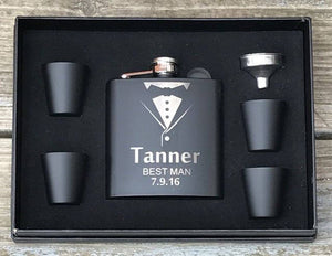3 ea.Personalized Flask Gift Set Groomsman Best Man Engraved Wedding Engraved Black