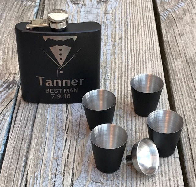 3 ea.Personalized Flask Gift Set Groomsman Best Man Engraved Wedding Engraved Black