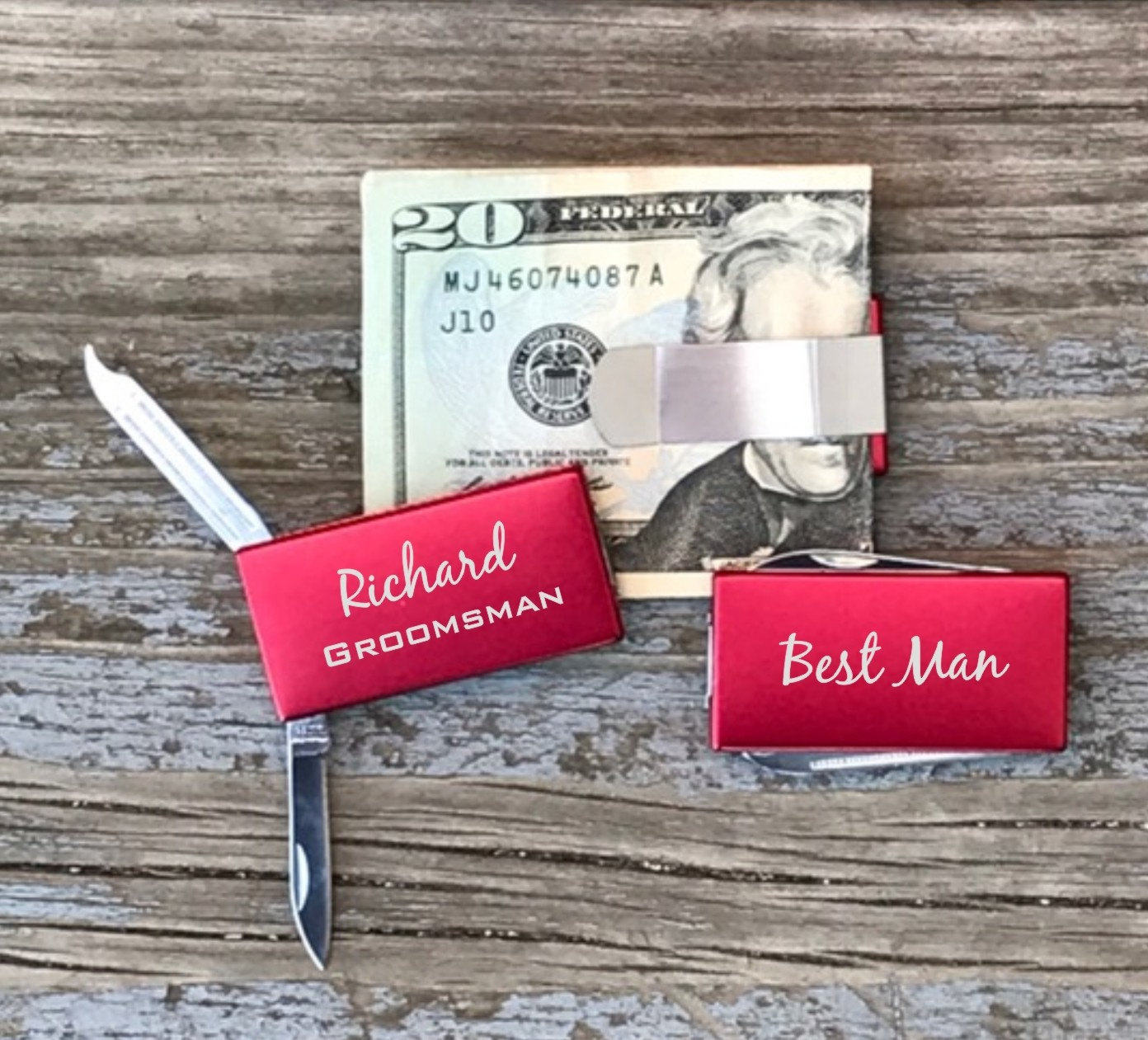 Groomsmen Gift Personalized Money Clip With Knife & File Best Man Usher Gift Red or Blue