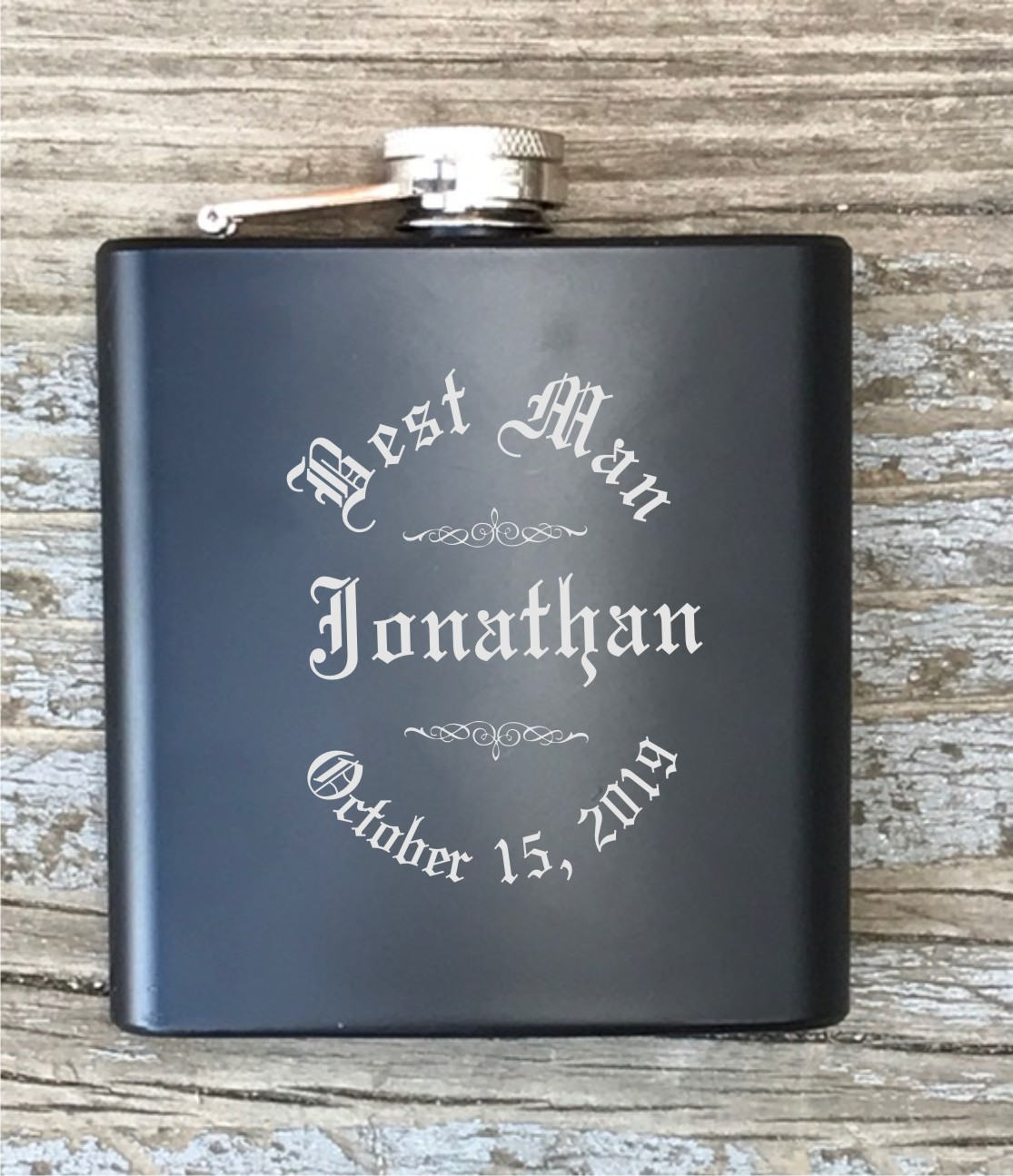 Personalized Best Man Flask Old English Circle Engraved Bachelor Party Gift Groomsmen
