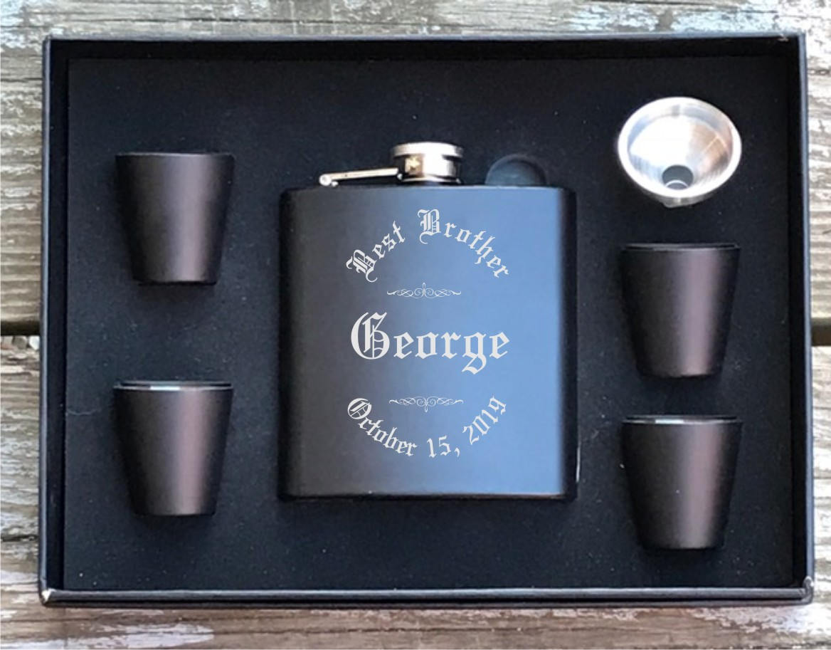 Personalized Flask Gift Set Best Brother Engraved Wedding Engraved Black