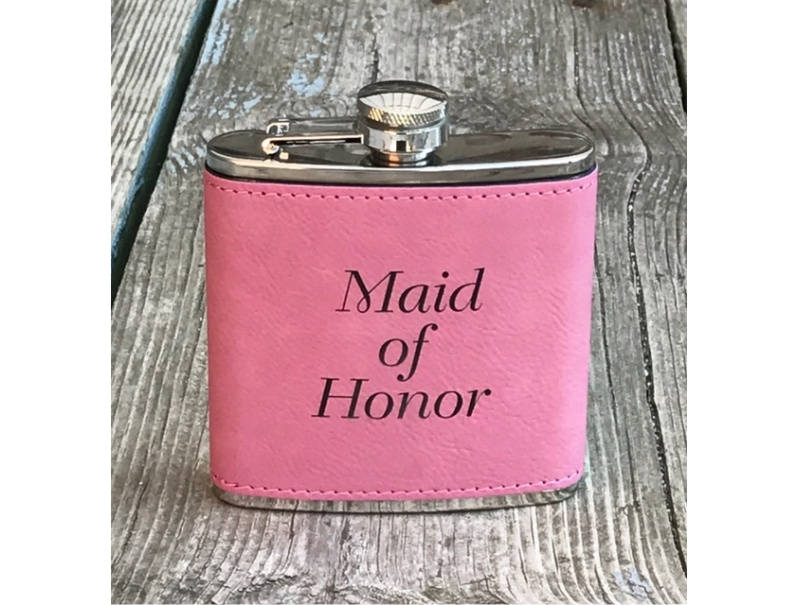 Personalized Pink Flask Leatherette Maid of Honor Bridesmaid Womans Engraved