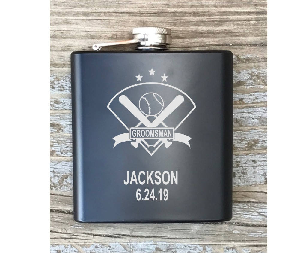 Personalized Baseball Inspired Groomsman Flask Engraved Bachelor Party Gift Groomsmen