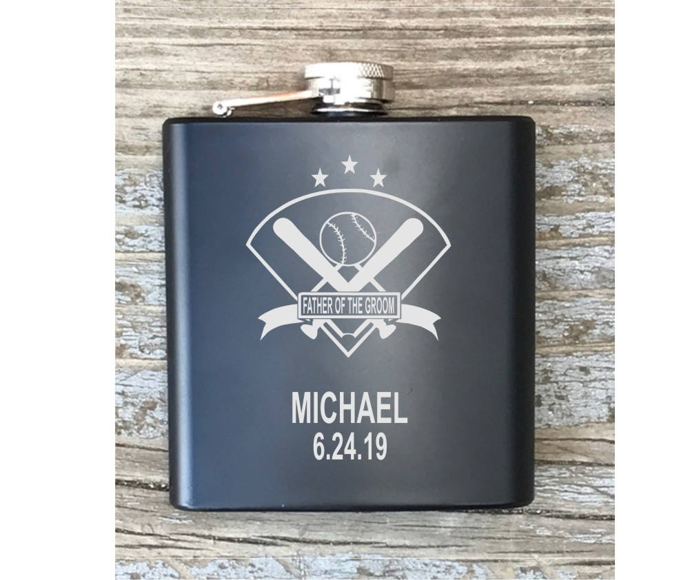 Personalized Baseball Inspired Father Of The Groom Flask Engraved Bachelor Party Gift Groomsmen