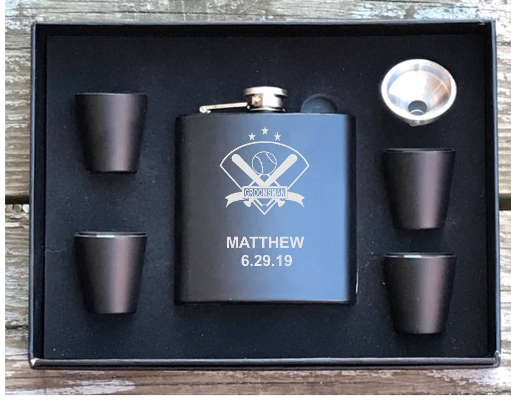 Baseball Inspired 6 Piece Flask Set With Gift Box Groomsman Best Man Gift