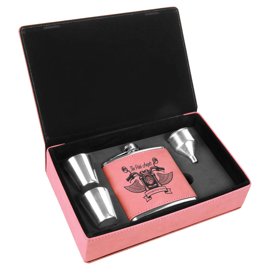Personalized Leatherette Pink Flask Gift Set Engraved Free As You Like Maid of Honor, Bridesmaid
