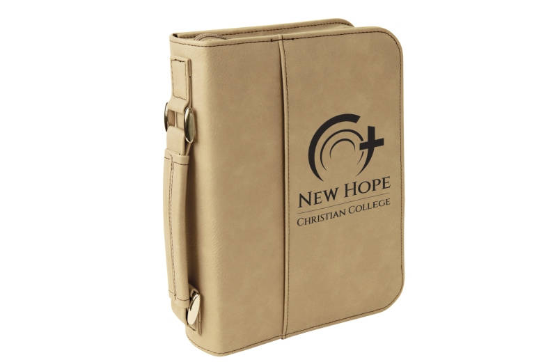 Personalized Custom Light Brown Leatherette Bible Cover, Engraved, Handle, Zipper