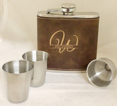 Groomsman Flask Engraved Best Man Usher Personalized Father of the Bride Leatherette Gift Set