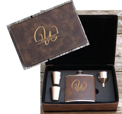 Groomsman Flask Engraved Best Man Usher Personalized Father of the Bride Leatherette Gift Set