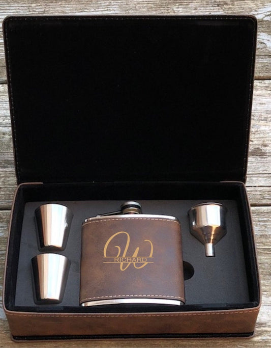 Groomsman Flask Engraved Best Man Usher Personalized Father of the Bride Leatherette Gift Set