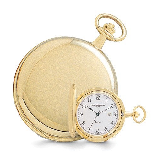 Charles Hubert 14k Gold Finish White Dial with Date Pocket Watch Personalized