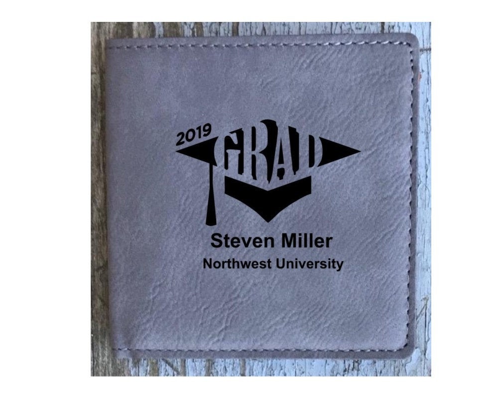 Bi-fold Wallet Personalized, Graduation Gift Engraved Gray Leatherette