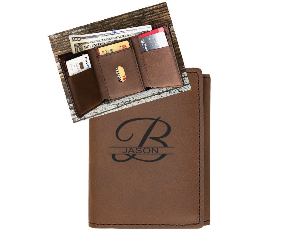 Personalized Tri-fold Wallet Dark Brown Engraved Groomsman Best Man Gift