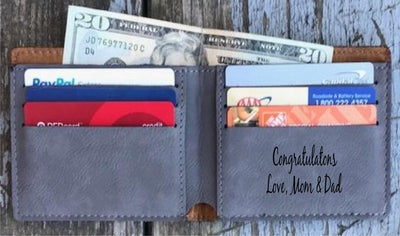Bi-fold Wallet Personalized, Graduation Gift Engraved Gray Leatherette