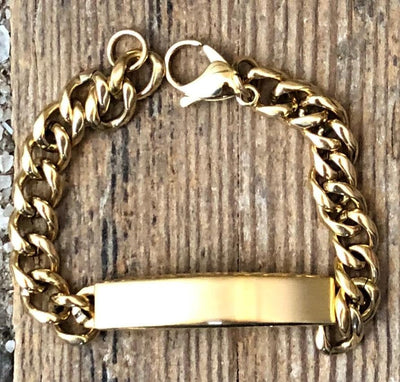 ID Bracelet Mens - Custom Hand Engraved Free - Mens Brushed Gold Plated Mens Personalized ID Bracelet Fathers Day Gift