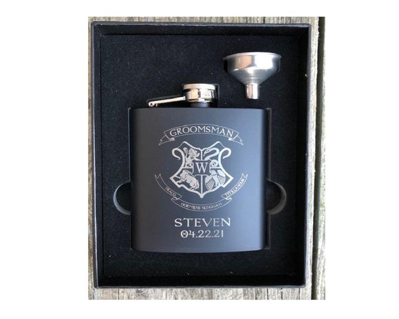 Wizard Flask Set, Engraved Flask & Funnel Gift Set, Wizard Inspired Groomsman Gift