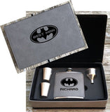 Bat Flask Set, Personalized Super Hero Collectible, Gift For Him, Personalized Flask Set