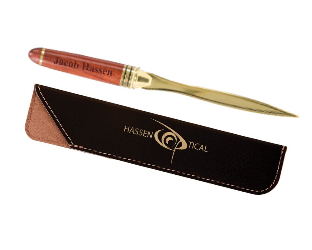 Deluxe Personalized Letter Opener, Engraved Wood and Brass Letter Opener, Personalized Leather Sleeve,