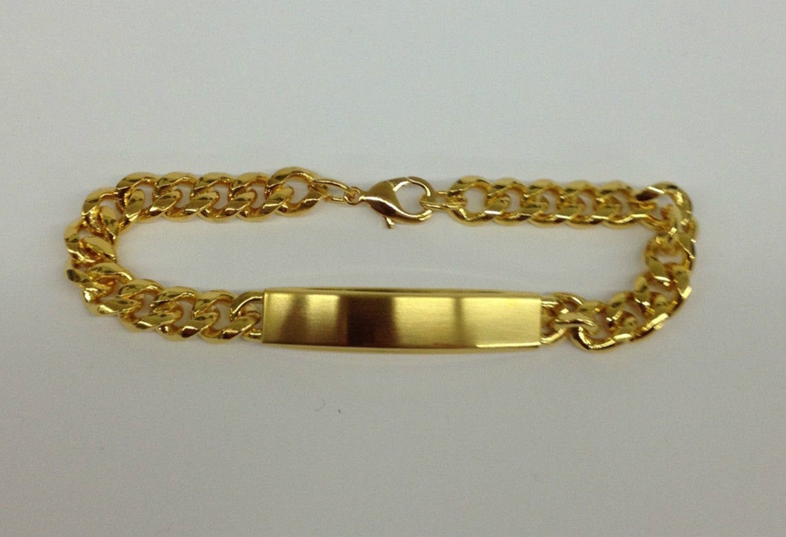ID Bracelet Mens - Custom Hand Engraved Free - Mens Brushed Gold Plated Mens Personalized ID Bracelet Fathers Day Gift