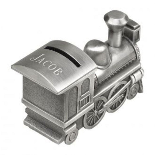 Personalized Pewter Finish Silver Train Bank - Engraved Free